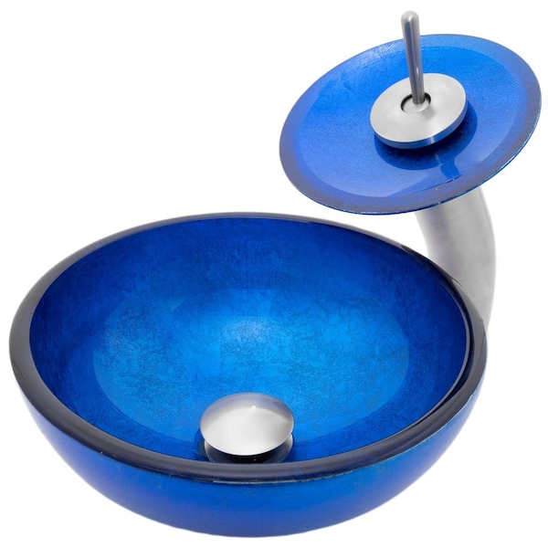 Novatto Mini 12-inch Blue Foiled Glass Vessel Bathroom Sink Set, Brushed Nickel NSFC-S132-1217003BN - main